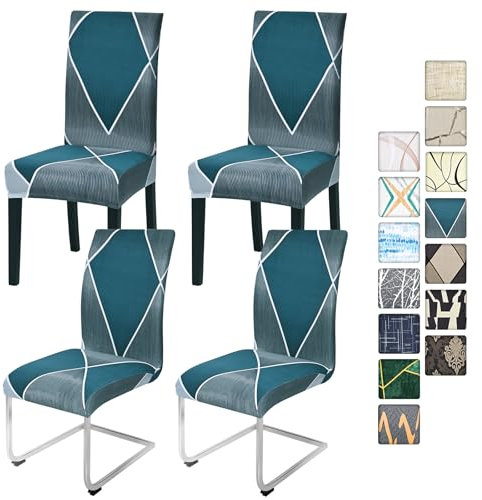 Alishomtll Stretch Stuhlbezug 4er/6er Set Stuhlhussen Schwingstuhl Elastische Stuhlhussen Abnehmbarer Waschbarer Esszimmerstühle Bezüge für Restaurant Hotel Bankett (Blau Geometrie, 4 Stück)
