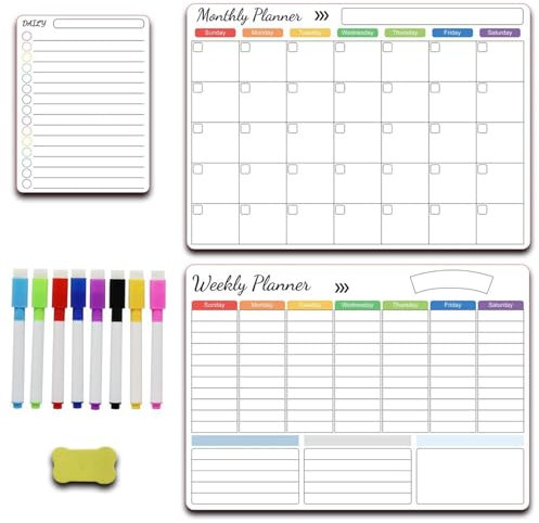 wintfarm 3 Pack Magnetic Calendar Planner for Fridge,Weekly and Monthly Planner Whiteboard for Fridge,to DO List, Magnetic whiteboard for Fridge with 8 Markers and 1 Eraser, 30 X 42 cm