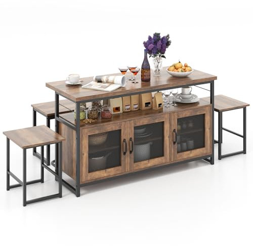 COSTWAY Juego de Mesa de Comedor de 4 Piezas, Juego de Isla de Cocina para 4 Personas con 3 Bancos y Estantes Ajustables en 3 Posiciones, Marco Metálico Resistente,Mueble para Cocina y Comedor