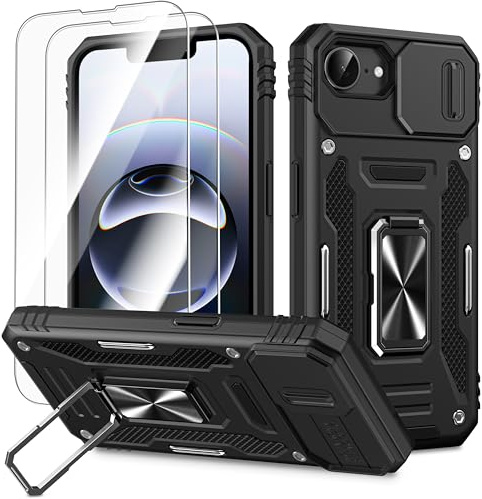 Fewdew for iPhone 17e/16e with 2 Pack Screen Protector, Slide Camera Cover & Kickstand, Heavy Duty Shockproof Rugged Protective Phone Cover Case for iPhone 17e/16e,Black