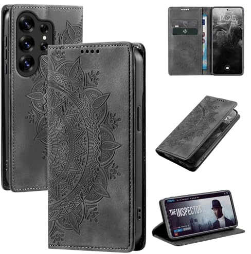 LBH Handyhülle für Samsung Galaxy S25 Ultra Mandala Klapphülle RFID Schutz Kartenfächer Geldfach Design Cover Case Flipcase Schwarz