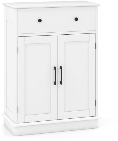COSTWAY Bathroom Floor Cabinet, Freestanding Storage Cupboard with Drawer, Double Doors and Adjustable Shelf, Wooden Bathroom Unit Side Cabinet for Living Room Hallway Kitchen, 56 x 30 x 80cm, White