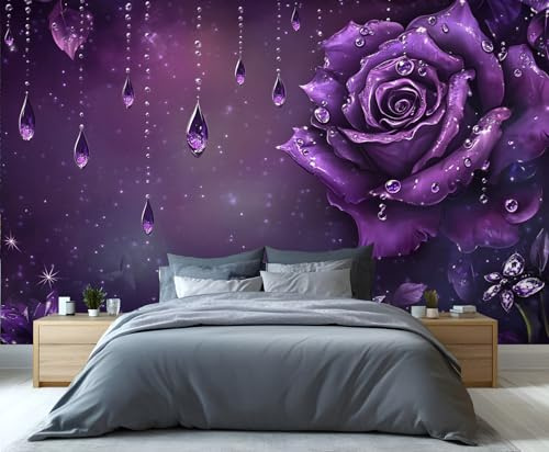 YXQAIED Floral Wallpaper, Flower Self Adhesive Wallpaper, Purple Rose Living Room Wall Paper, Raindrop Roses 3D Large Mural & Home Decor Poster 300x210cm