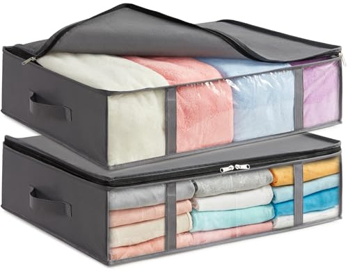 Lifewit 2 Stück 40L Unterbett Aufbewahrungsbox, Faltbare Unterbettkommode | Aufbewahrungstasche Storage Boxes mit Deckel, Unterbett Aufbewahrung für Kleider Unterbett Kleiderschrank, Grau
