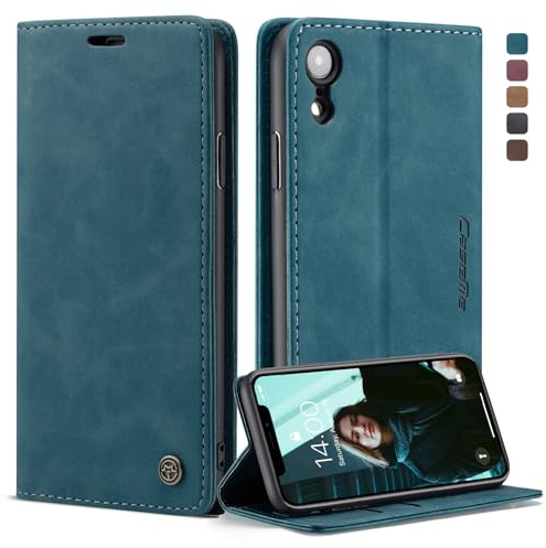 Ottcooed Cover per iPhone XR Custodia, Cover Pellicola a Libro Portafoglio in Pelle Porta Carte Protettiva Slot per Scheda Flip Case con iPhone XR, Blu verde