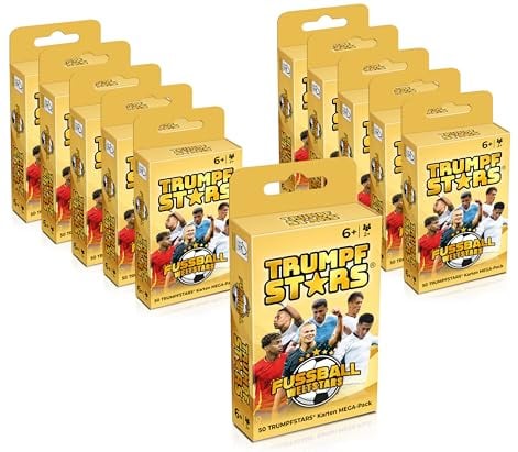 TRUMPFSTARS Fußball Weltstars - Multipack 11er Set mit 11 Kartenspielen - 50 Karten mit Fußball Stars - Kartenspiel für 2-8 Spieler - ab 6 Jahren - Deutsche Sprache - modernes Design - plastikfrei
