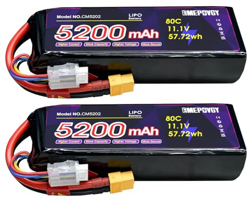 EMEPOVGY Lipo-Akku, 11,1 V, 3S, 5200 mAh, 80 C, Lipos, weiche Hülle mit XT60-Anschluss für ferngesteuertes Auto, Flugzeug, Hubschrauber, Boot, Rennen, RC Hobby (2 Packungen)