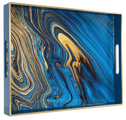 Heaven4you Navy Blue Marble Serving Tray 40x30cm Gold Trim Handles Large | 40x30cm navy and gold marble effect, raised rim, cut-out handles. Wipe-clean, food-safe. Ottoman, bed, coffee table