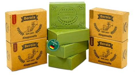 Beroia® Originale Aleppo Seife 4x125g handgemacht für Haut & Haar | Olivenölseife Naturkosmetik vegan | feste Duschseife & Shampoo | Schwarzkümmelöl, Mandelöl, Kokosöl & Honig