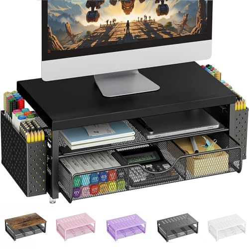 Pygocereri Support de moniteur, accessoires de bureau et organisateur avec tiroir et 2 porte-stylos, rehausseur de moniteur de bureau pour écran, support de bureau ergonomique pour accessoires de