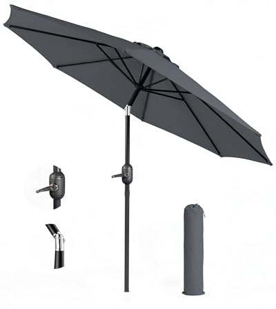 KEPLIN 2.7m Tilting Parasol – Crank & Tilt Outdoor Umbrella with Protective Cover, 180gsm UPF 50+ Polyester Canopy, Steel Frame for Patio, Garden & Balcony