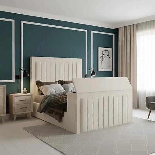 Mariana TV Bedframe with Motorised TV Storage In the footboard in Plush Velvet Fabric (Pink, 4ft6- Standard Doub)