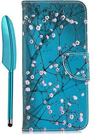 Reevermap Huawei P Smart 2019 Case Honor 10 Lite Phone Case Flip PU Leather Wallet Magnetic Kickstand Cover for Huawei P Smart 2019/ Honor 10 Lite & One Touch Pen, Pink Flower at Green Background