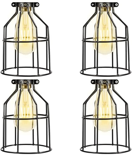 Simple Deluxe 4-Pack Adjustable Industrial Clamp on Metal Bulb Guard Cage for Pendant, Farmhouse Light Fixture, Vintage Lamp Shades and Hanging Lamp, Black