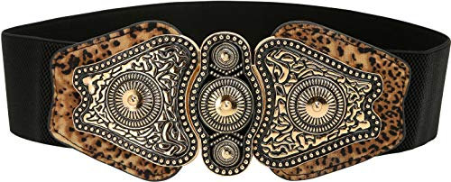 BlackButterfly Vintage Weit Elastisch Dehnbar Antik Schnalle Gürtel (Schwarz - Leopardenmuster, S)