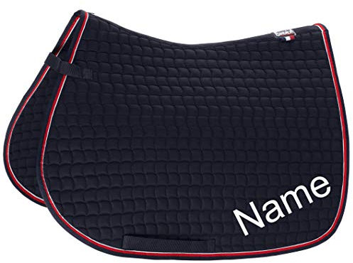 Eskadron Navy/Chilli Cotton Pony VS-Schabracke mit individuellem Namen Bestickt, Schriftart:Jacobal (Schreibschrift verschnörkelt), Garnfarbe Maderia:pink 1815