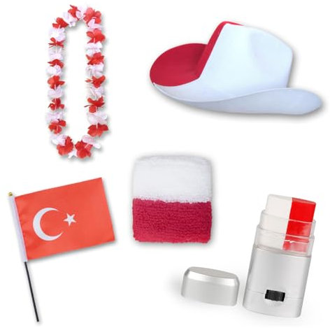 Sonia Originelli Fanset Fanartikel Fanhut Blumenkette Schminkstift Schweißband Fähnchen WM EM Farbe: Türkei