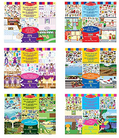 Melissa & Doug | Pack mit 6 wiederverwendbare Sticker-Blöcken – Spielhaus, Ankleiden, Lebensräume, Meine Stadt, Fahrzeuge und Feen.
