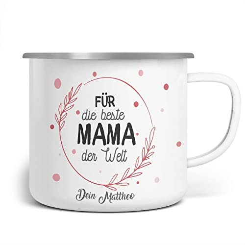 miKalino Emaille Tasse mit individuellem Namen Für die beste Mama der Welt mit Wunschname | handbedruckt in Deutschland | kreatives, Farbe:weisssilber, Grösse:300ml