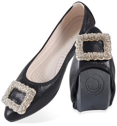 MACHSWON Women's Ballet Flats Sparkly Rhinestone Wedding Ballerina Shoes Foldable Portable Comfort Slip on Flat Walking Shoes(Black, Size 9)