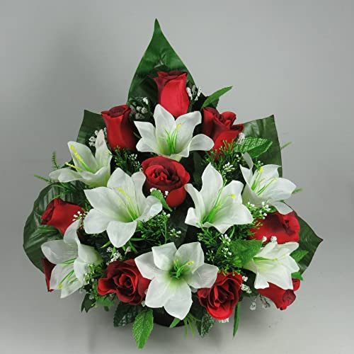 Flat back artificial flower grave arrangement in grave pot/vase red and white