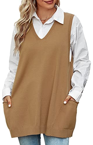 Niwicee Maglione Gilet Donna Scollo a V Pullover Maglione Senza Maniche,Autunnale Invernale Maglioni Oversize Tinta Unita mit Taschino,Cotone Top Smanicato Gilet in Maglia Elegante-D Khaki-L