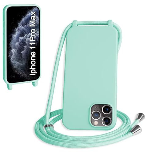 SLWYF Compatible with iPhone 11 Pro Max Crossbody Lanyard Case, Liquid Silicone Protective Phone Case with Strap Adjustable Neck Cord Necklace Soft Cover for iPhone 11 Pro Max, Mint Green