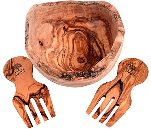 Zerazi | Grand saladier avec grandes fourchettes | Bois d’Olivier | Écologique | Entièrement Fabriqué À La Main | Durable | Hygiénique