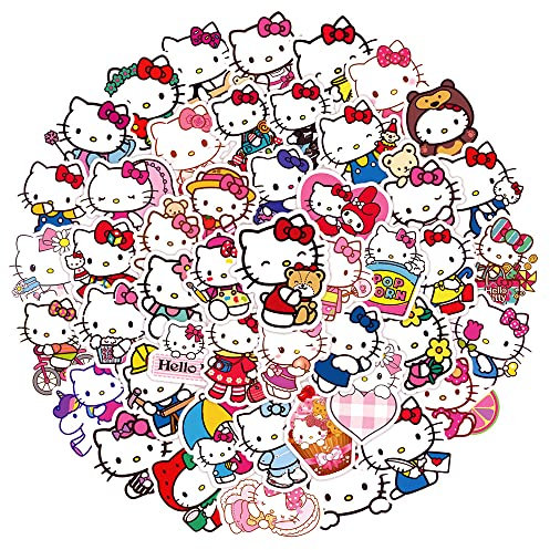 50PCS Hello Kitty Cat Stickers for Teens, Boys and Girls - Vinyl Pack for Skateboard, Guitar, Door, Laptop, Luggage, Car, Bike, Water Bottle - Birthday Party Supplies