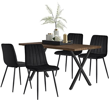 TUKAILAI Essgruppen Esstisch 140x80cm mit 4 Stühlen Set,Rechteckiger Küchentisch Holz mit X-förmige Metallbeine und 4er Set Samt Schwarz Esszimmerstühl für Küche Esszimmer Wohnzimmer (Tisch Braun)