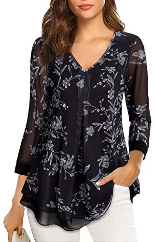Gaharu Elegante Oberteile Damen 3/4 Arm Shirt Freizeit Lang Festliche Kleidung Damen Frühling Mode Bluse Business Damen Tunika Große Größen Formelle SchöNes Bluse Bauch Kaschieren Blumen Schwarz