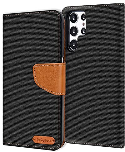Verco kompatibel mit Samsung Galaxy S23 Ultra Hülle, Schutzhülle für Samsung S23 Ultra 5G Tasche Denim Textil Book Case Flip Case Klapphülle, Schwarz
