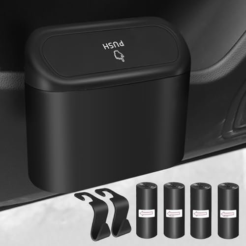Kitbest Car Bin Trash Can with Lid 60 pcs Trash Bags, Mini Car Rubbish Garbage Bins for Front and Back, Auto Accessories for Storage and Organization - Portable, Cute, Waterproof, Black