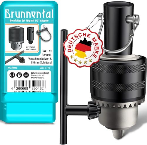 BRUNNENTAL ® Portabrocas para corona dentada, 3,0 – 16 mm, 1/2-20UNF, juego de portabrocas con adaptador, perno de hoja + llave portabrocas para taladro universal