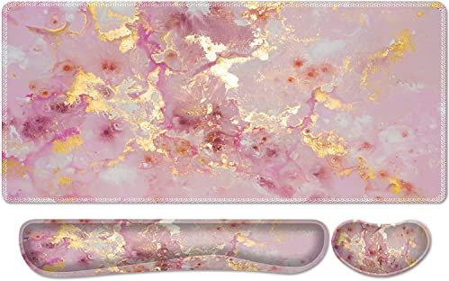 Mouse mat Set,iCasso Desk mat 900 x 400mm,Stitched Edges Gaming Mouse Pad & Mouse mat Wrist Support&Keyboard Wrist Rest,Waterproof Surface Desk Pad with Non-Slip Rubber Base (Pink Gilt)