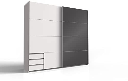 möbelando Schwebetürenschrank Valencia I in zeitlosem Weiß mit Absetzung in Glas Grau