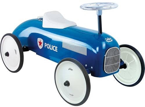 Vilac - Porteur Voiture Vintage de Police - Jouet en Métal - Roues Silencieuses - Volant Directionnel - Décoration - Bleu - pour Enfants à Partir de 18 Mois