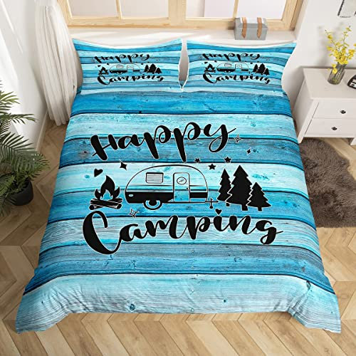 Manfei Camping Bettbezug Set S Größe,Holzplanke Kiefern Rustikale Bauernhaus Bettwäsche Set Kinder Erwachsene,Wohnmobil Anhänger Camper Dekor Tröster Abdeckung,Blau Retro Quilt Cover,1 Kissenbezug