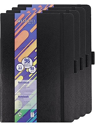 Westcott Notizbuch DIN A4 kariert (4 Stück) | 4-er Pack mit je 192 Seiten im edlen Hardcover-Einband | 80 g/m² nachhaltiges FSC-Mix Papier | mit Innentasche, Lesezeichen & Stifthalter | E-744829 00