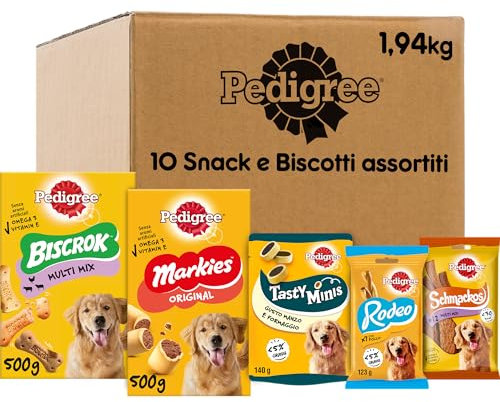 Pedigree Snack e Biscotti Cane, Confezione Assortita in Diverse Varietà (Cani di Tutte le Taglie) - 8 Snack e 1kg di Biscotti, Biscrock e Markies, Totale 1944 g