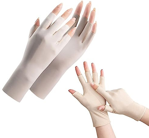 UV Sun Protection Gloves, Summer Women Fingerless Driving Gloves Non Slip Ice Silk Sunblock Gloves Mittens for Gel Nails Driving Riding Cycling Hiking Fishing Outdoor Activities (Beige)