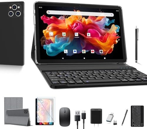 ANTEMPER Tablet 10 Zoll mit Tastatur und Stift | 16GB RAM+128GB ROM (1TB TF) Android Tablet PC | MTK Octa-Core 2.0GHz | 5G WiFi | 13+8 MP | 7000mAh Akku | GMS | GPS | Face ID | Schwarz 2025 Neueste