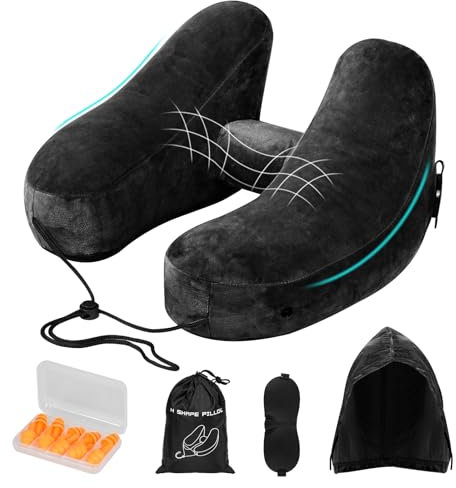 Nackenkissen Flugzeug Aufblasbar, Reisekissen Aufblasbares Flugzeug, Nackenhörnchen Erwachsene mit Kopfstütze, Hut, Tasche, Schlafmaske, Ohrstöpseln Travel Pillow für Reisen, Auto, Büro (Schwarz)