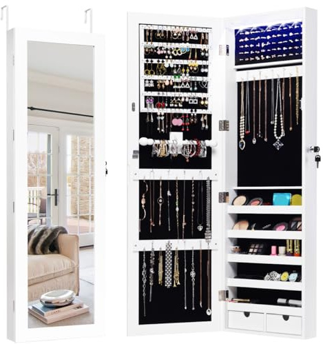 HOMASIS Miroir Boîte à bijoux mural, armoire à bijoux avec LED et serrure, armoire à bijoux avec miroir entier, organiseur pour bijoux, crochet de 4,6 cm, blanc
