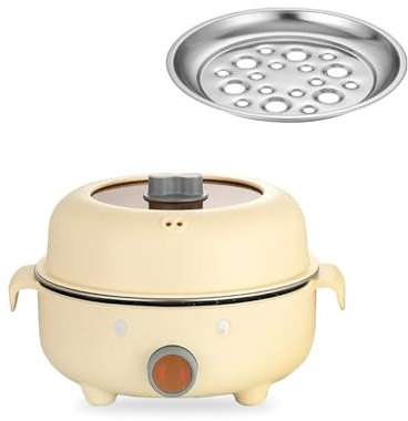 Electric Hot Pot with Steamer, 2.2L Mini Electric Pan with Lid, Non-Stick Electric Skillet, Quick Pasta Cooker, Portable Multi Cooker for Travel/Dorm/Camping (Khaki-B)