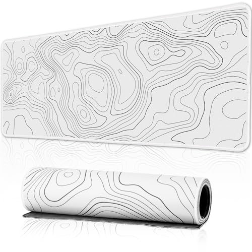 HAUTOCO Topographic Map Large Gaming Mouse Pad with Non-Slip Base, 800 x 300 x 3MM Extended Mousepad with Stitched Edge, Minimalist Desk Mat Desk Pad for Keyboard Computer Laptop Office Home, White