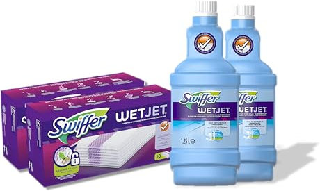 Pack Economique Swiffer Wetjet Balai Spray, 2 Recharges de 1,25L WetJet et 20 Lingettes, Retient la Poussière et la saleté, Conçu pour Tous les Types de Sols (2)
