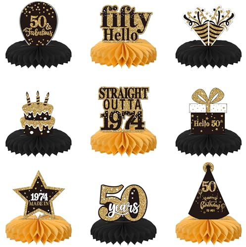 Xsstarmi 9 Pack 50th Happy Birthday Honeycomb Centerpieces Straight Outta 1975 Fifty Hello 50 Fabulous 50 Years Table Toppers Decorations for Happy Birthday Theme 50th Birthday Party Supplies
