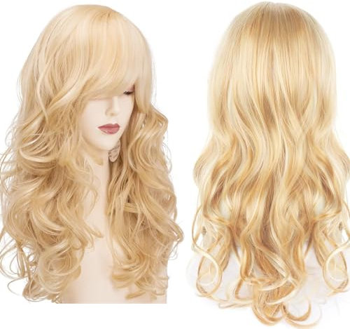 Perücke Blond Lang,60cm Perrücke Frauen Blond Lang, Lange Gewellte Perücken Mit Pony, Blonde Perücke, Für Damen Den Täglichen Gebrauch Geeignet, Cosplay, Halloween, Party