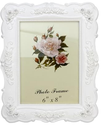 Coshar Cadre photo vintage avec motif fleur de rose - 12,7 x 17,8 cm - Cadre photo antique avec façade en verre pour affichage mural de table, utilisation horizontale et verticale (blanc)